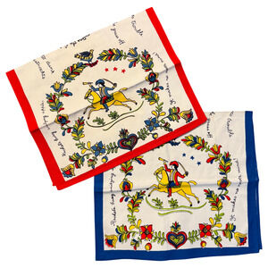 Lot of 2 Vintage Tea Towels Pennsylvania Dutch Country Folk Art Horse Rider READ